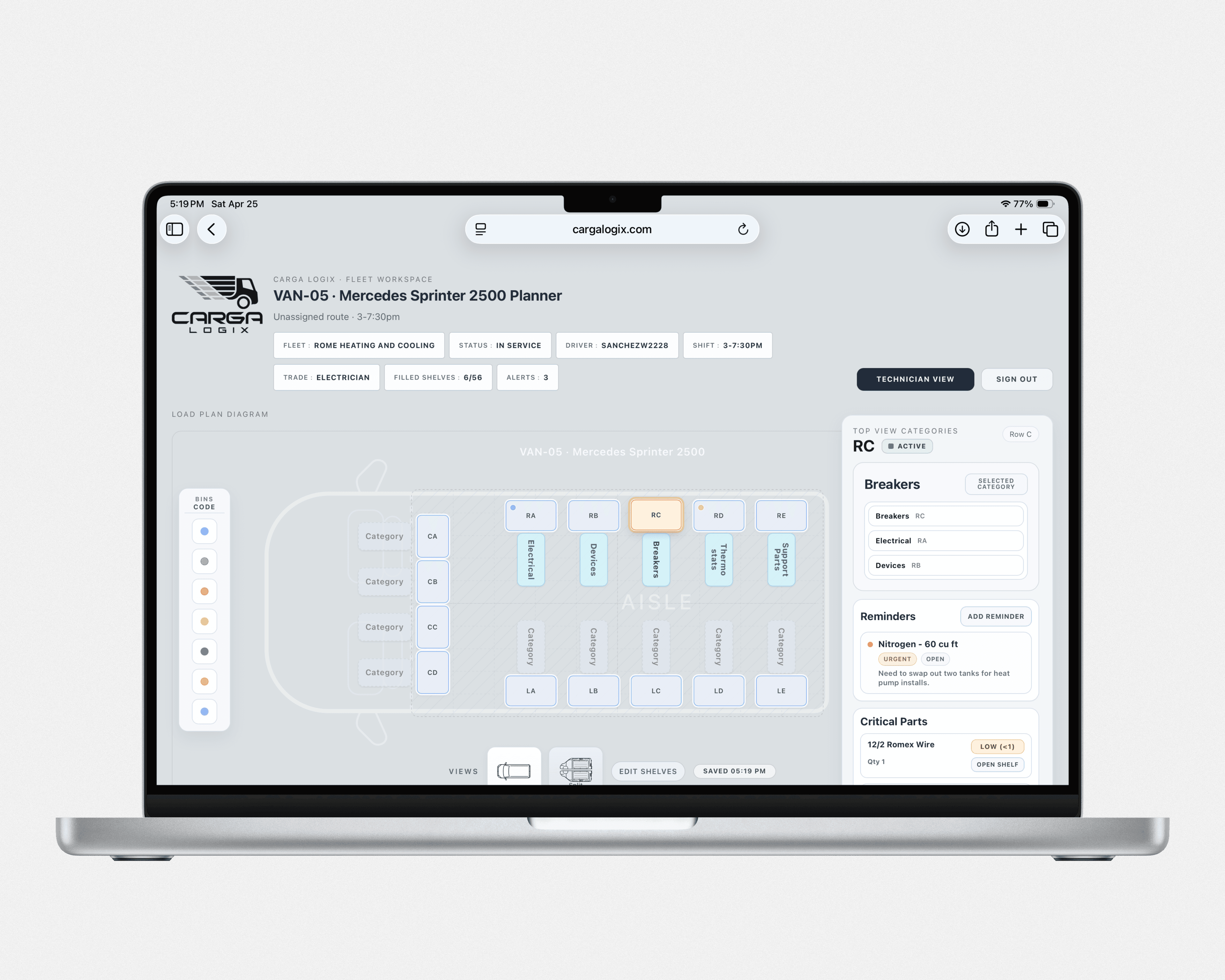 Carga Logix laptop dashboard showing real-time van inventory tracking and critical parts alerts.